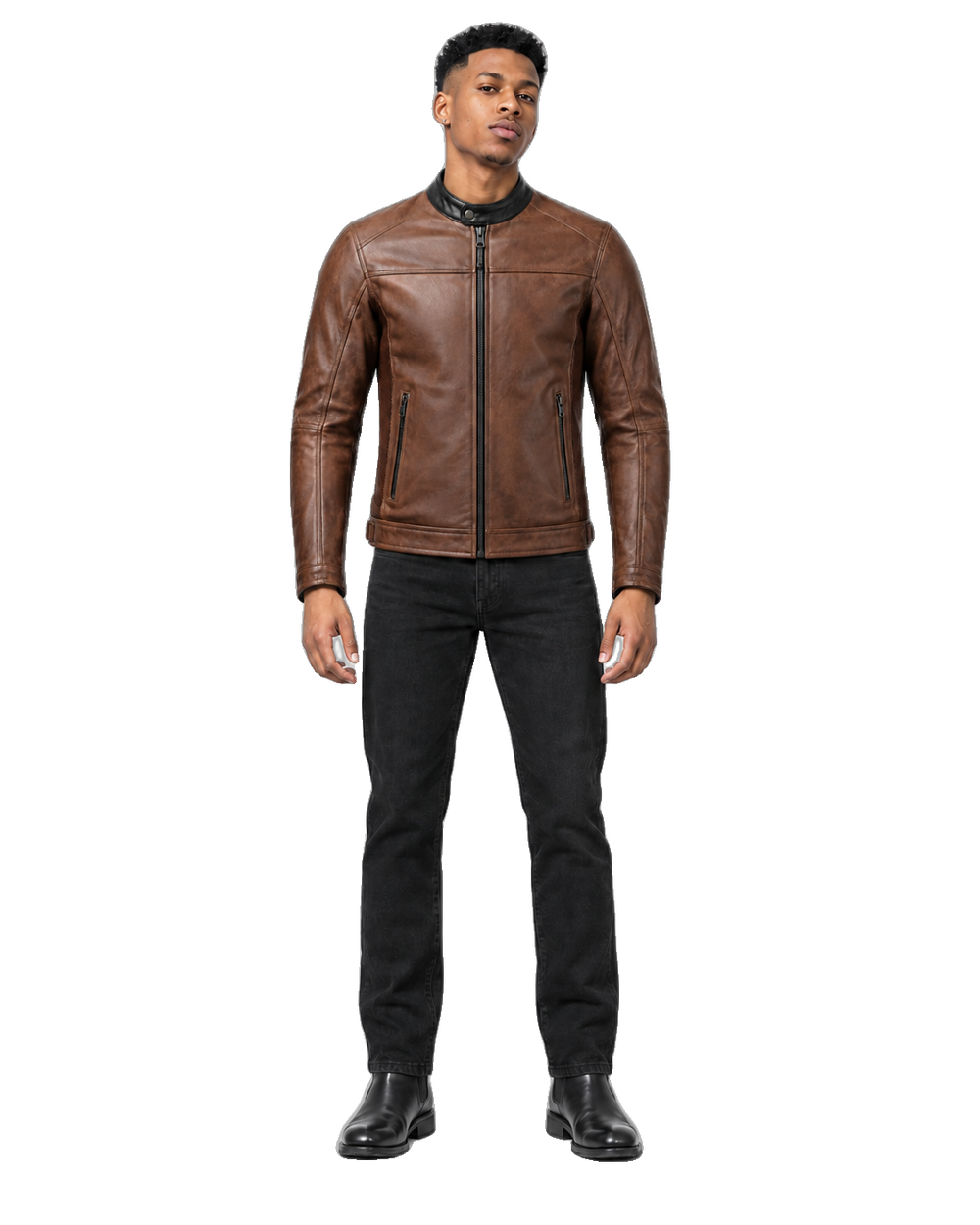 Rustline Moto Vintage Brown Leather Street Jacket front view on male model with transparent background