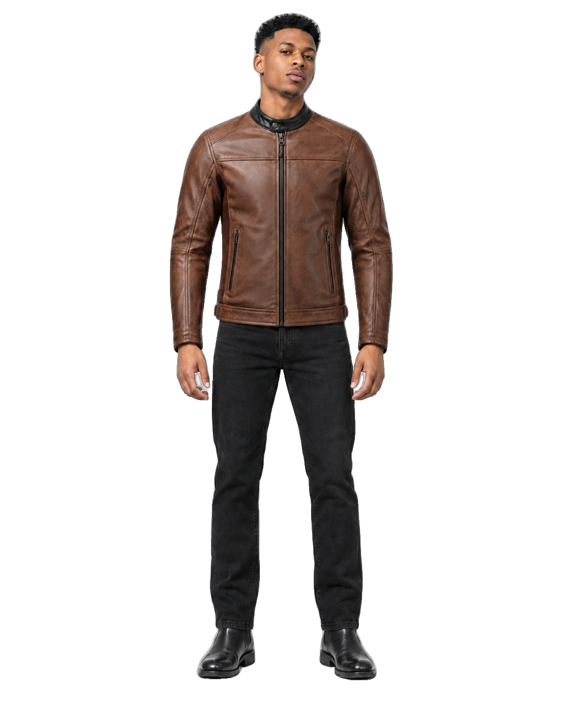 Rustline Moto Vintage Brown Leather Street Jacket front view on male model with transparent background