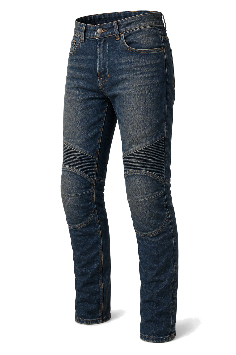 Rustline Vintage Armored Motorcycle Riding Jeans front three-quarter view on light gray background