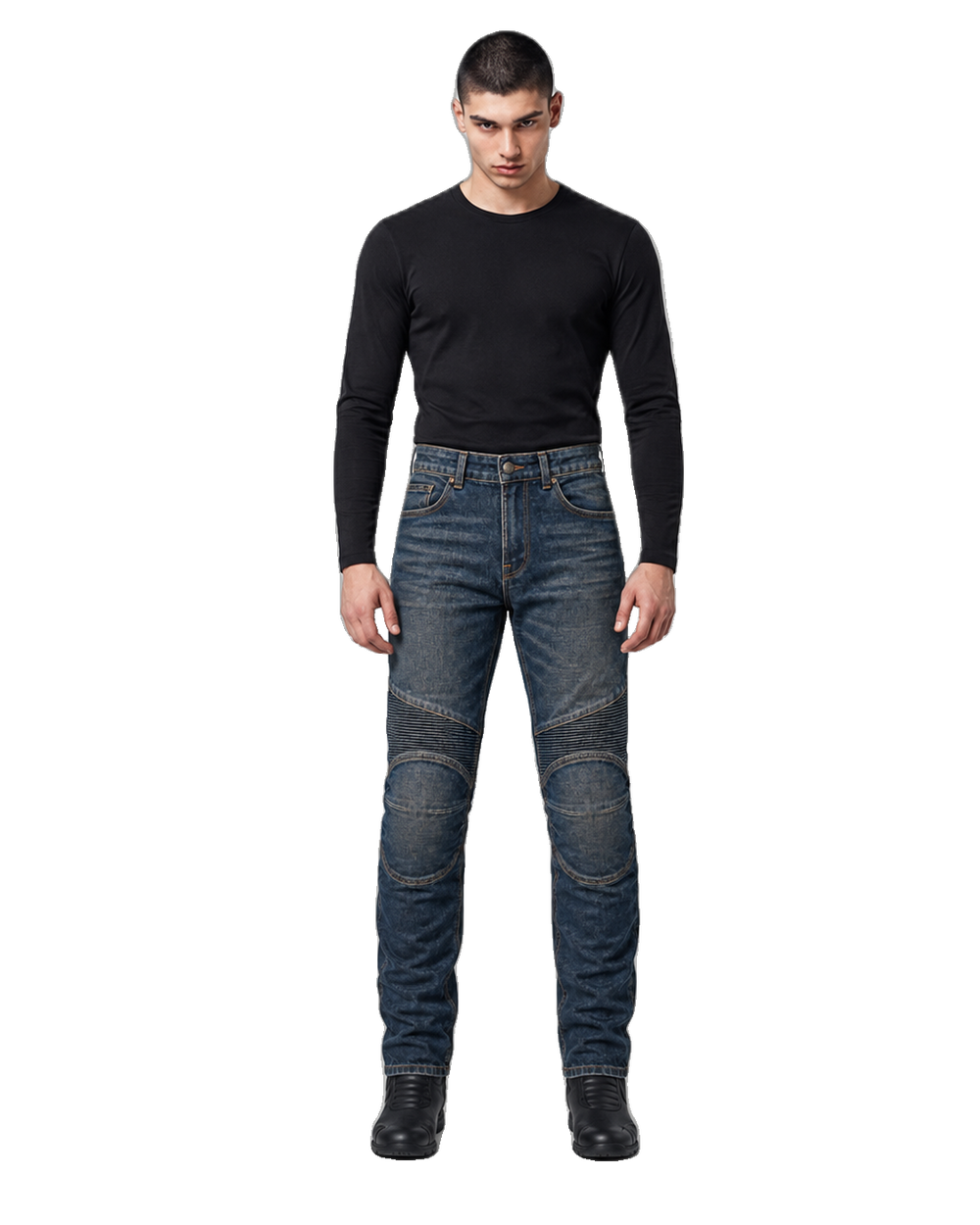 Rustline Vintage Armored Motorcycle Riding Jeans front view on male model on transparent background