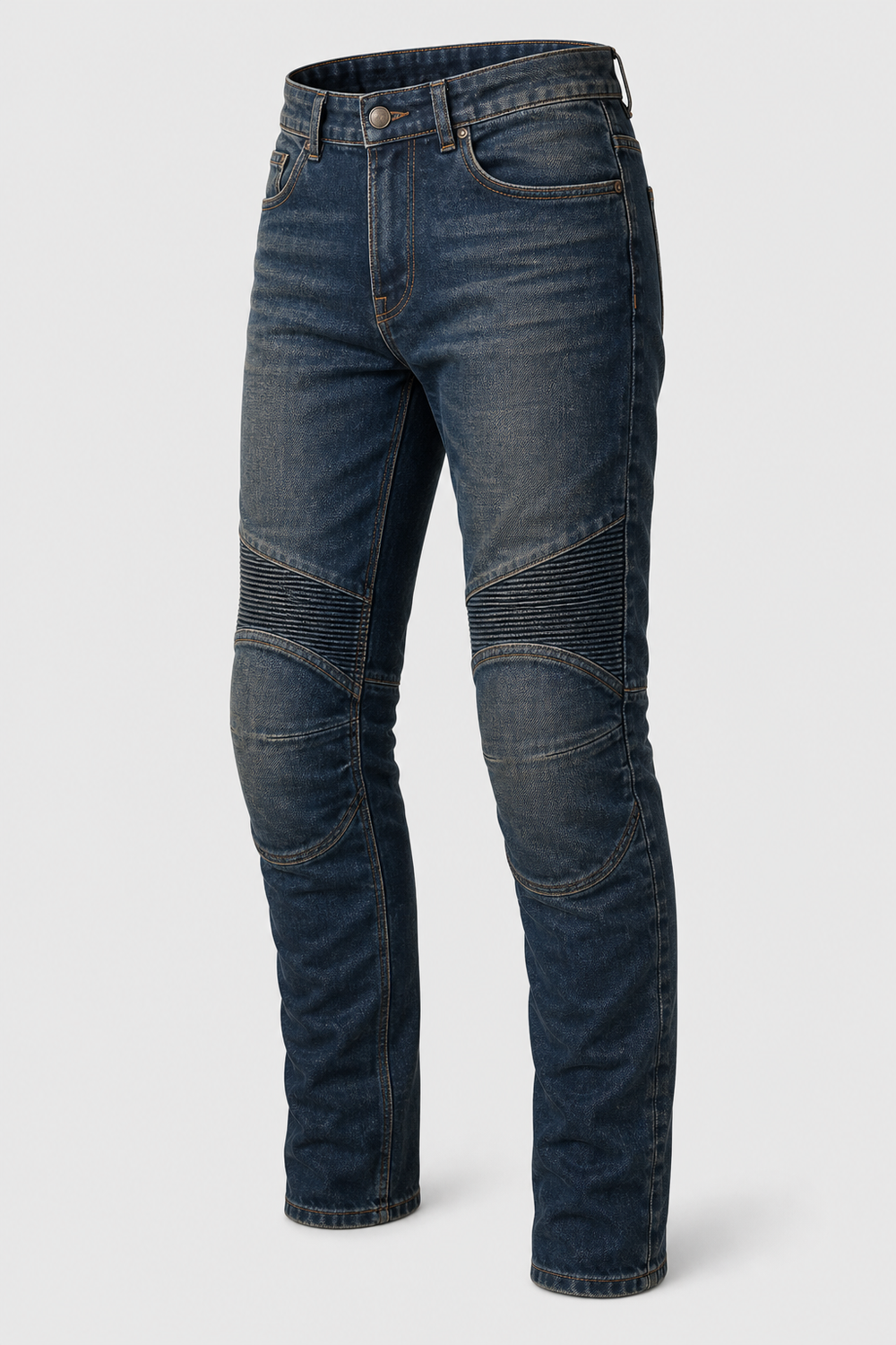 Rustline Vintage Armored Motorcycle Riding Jeans front three-quarter view on light gray background
