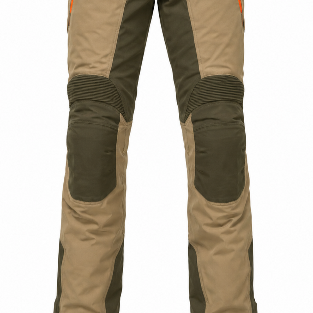 SandHorizon tan olive waterproof textile motorcycle pants — knee, lower-leg and cuff detail
