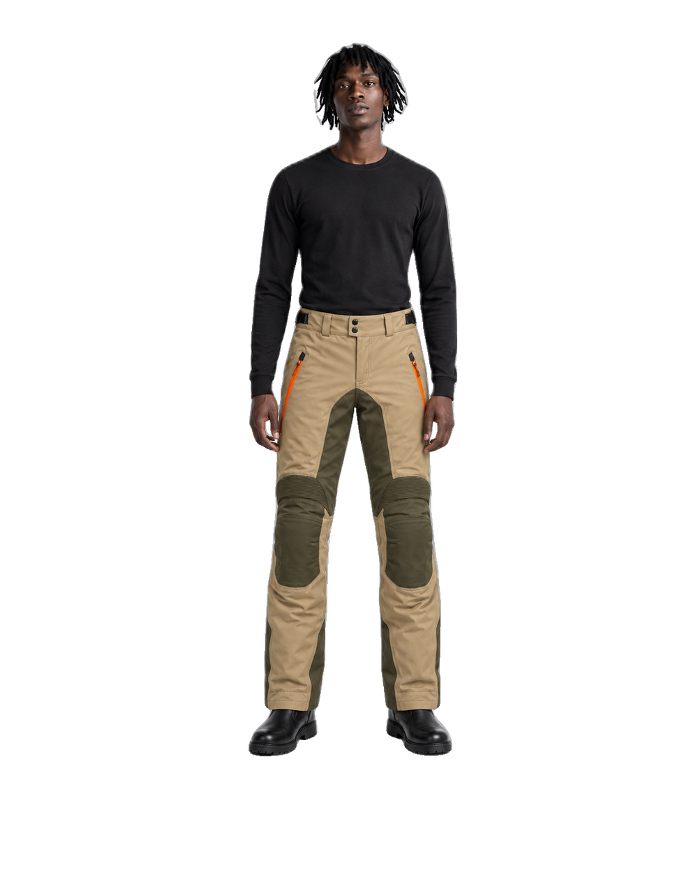 SandHorizon Tan Olive Waterproof Textile Motorcycle Pants front view on male model on transparent background