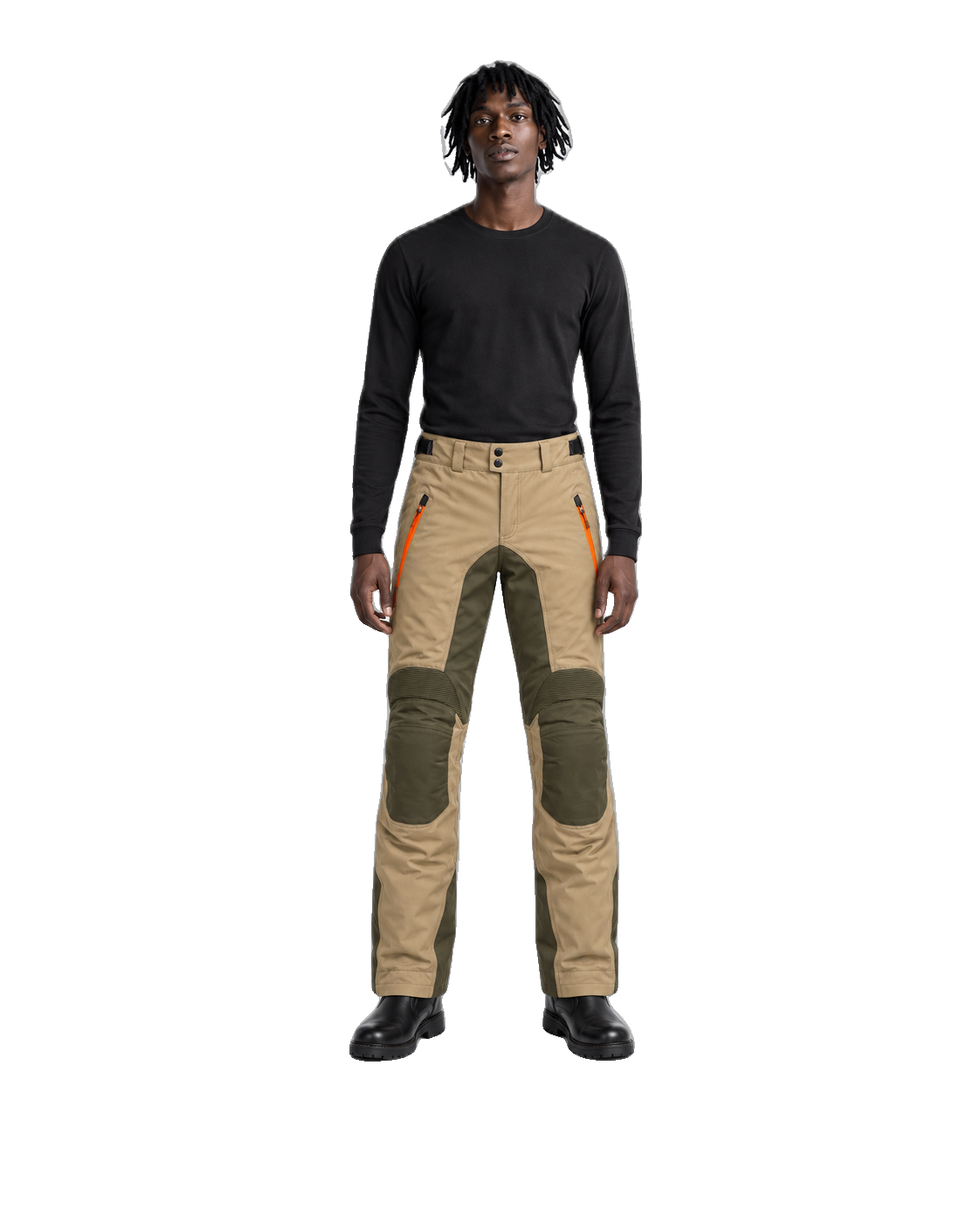 SandHorizon Tan Olive Waterproof Textile Motorcycle Pants front view on male model on transparent background