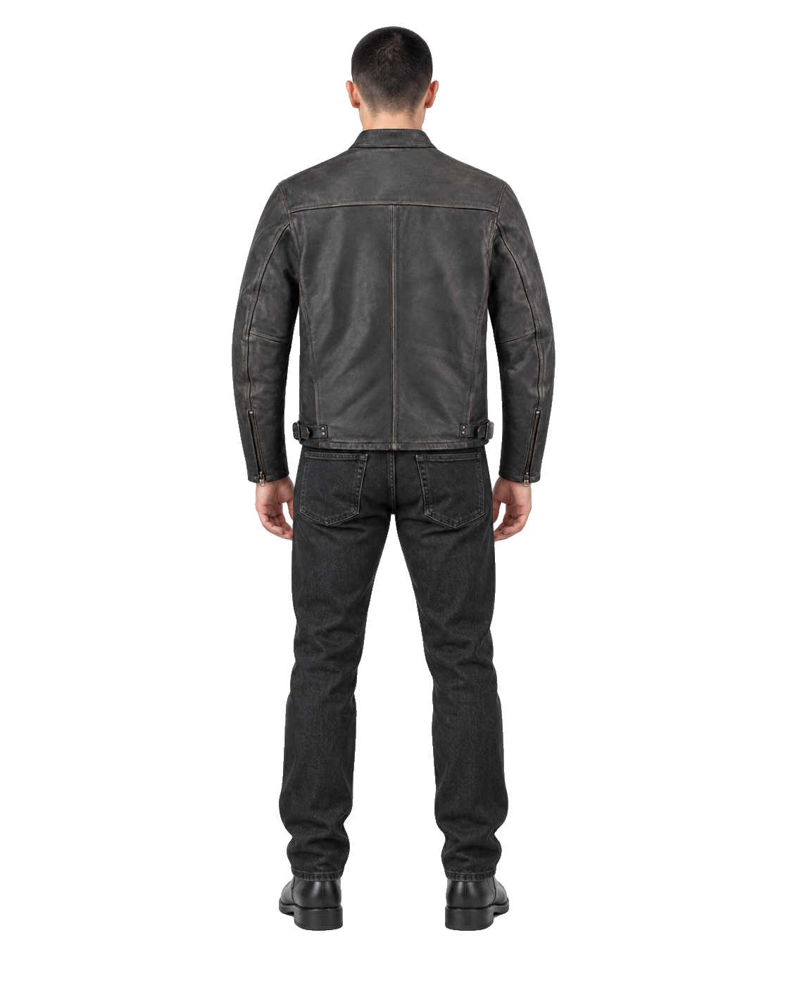 Sandstone Nomad Leather Cruiser Jacket back view on male model with transparent background