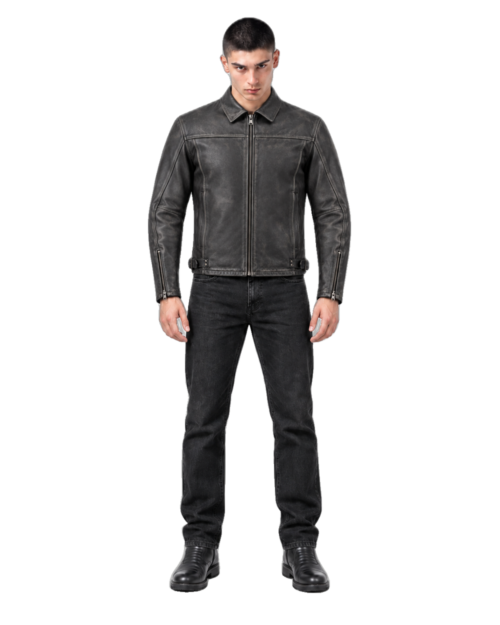 Sandstone Nomad Leather Cruiser Jacket front view on male model with transparent background