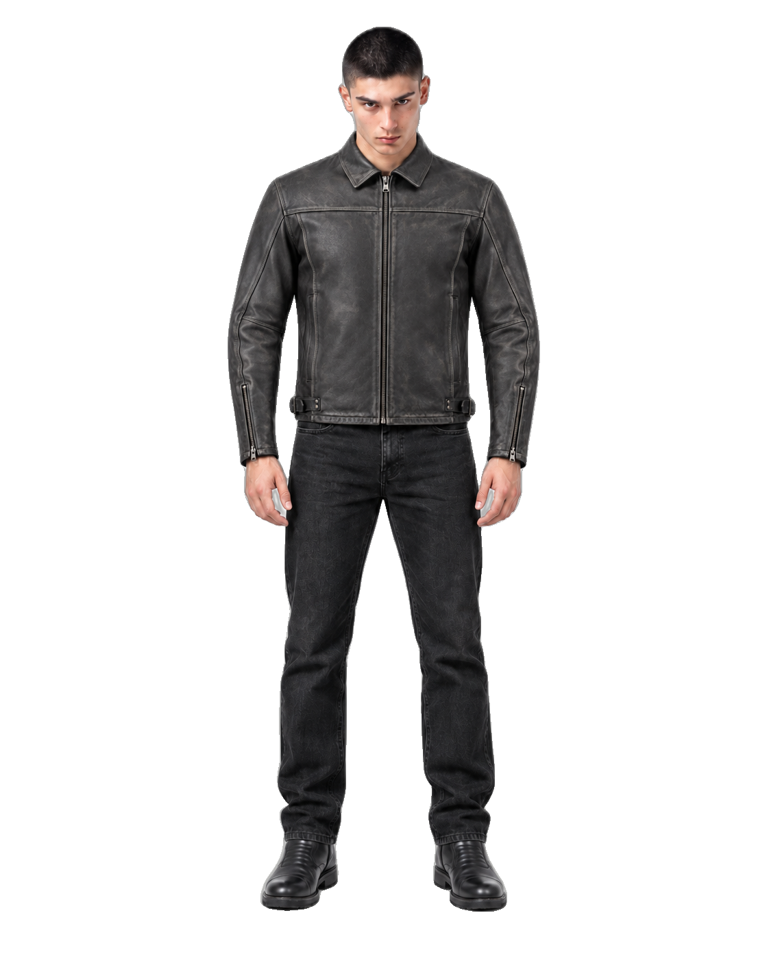 Sandstone Nomad Leather Cruiser Jacket front view on male model with transparent background