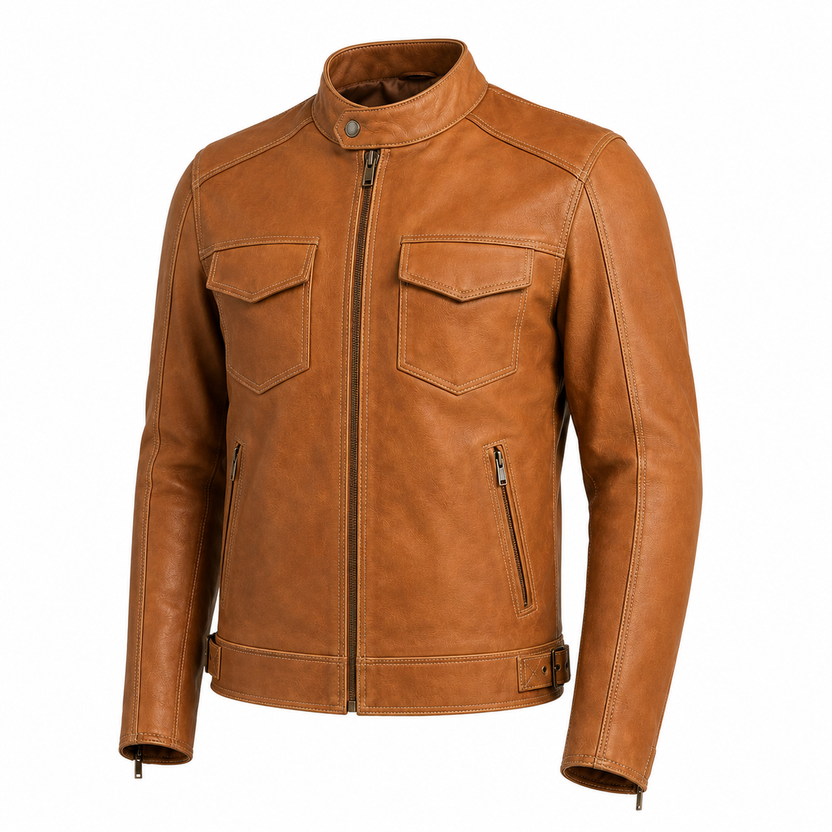 Sandstone Rider Tan Heritage Leather Jacket three-quarter leather detail view
