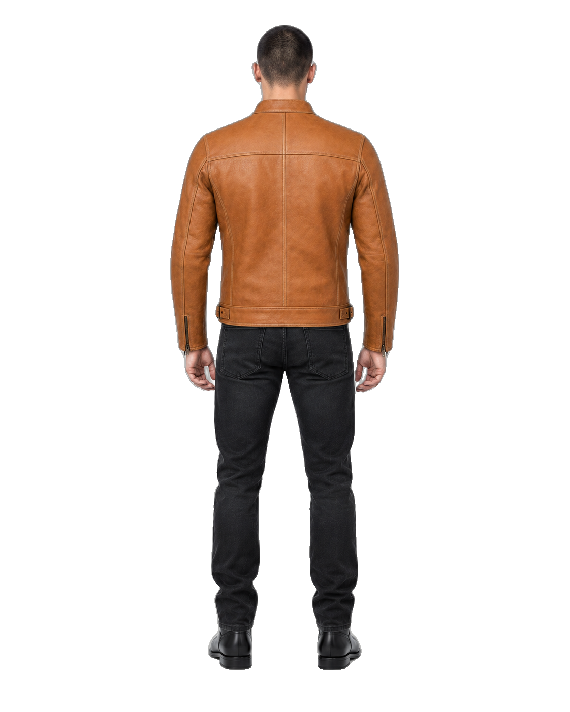 Sandstone Rider Tan Heritage Leather Jacket back view on male model with transparent background