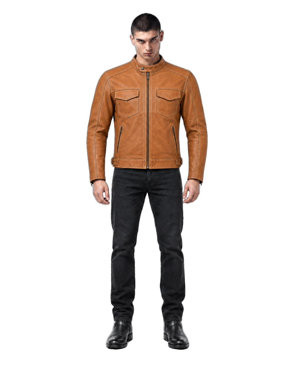 Sandstone Rider Tan Heritage Leather Jacket front view on male model with transparent background