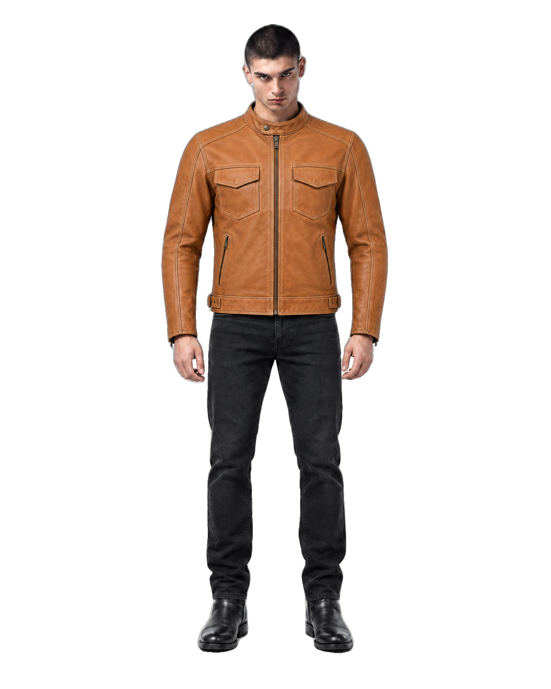 Sandstone Rider Tan Heritage Leather Jacket front view on male model with transparent background