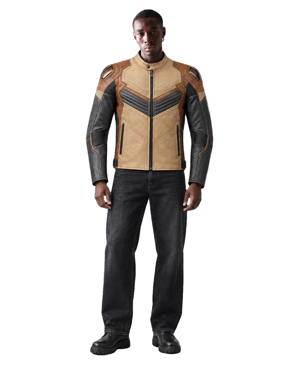 Sandstorm GT R Leather Motorcycle Racing Jacket front view on male model with transparent background