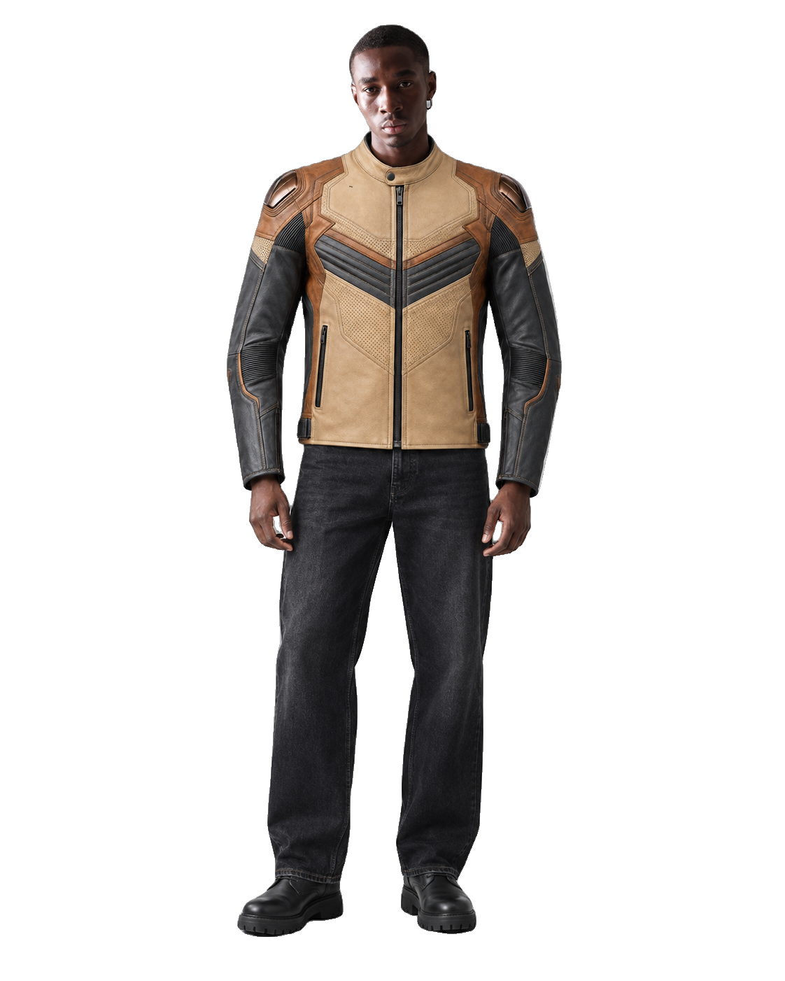 Sandstorm GT R Leather Motorcycle Racing Jacket front view on male model with transparent background
