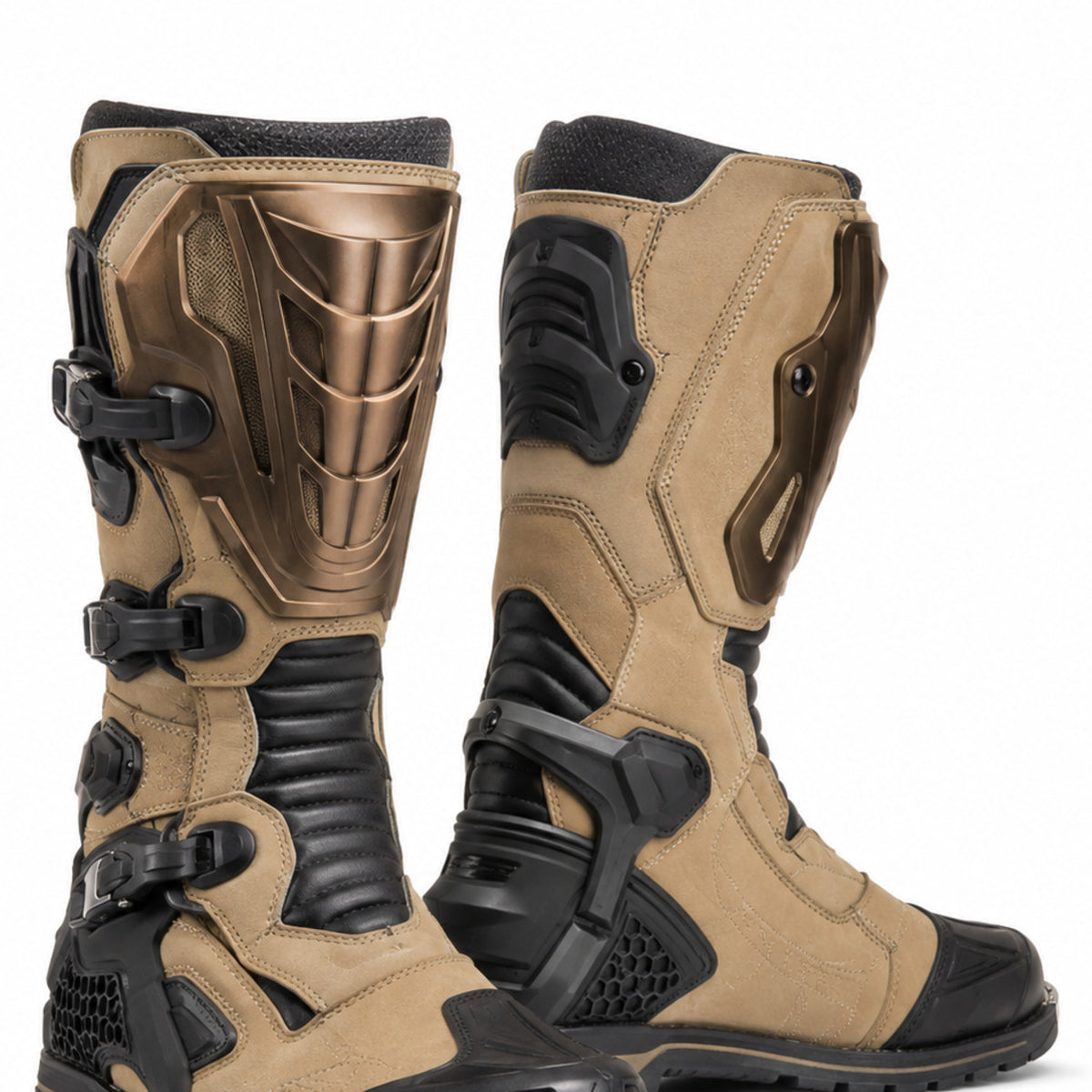Sandstorm R Beige Racing Motorcycle Boots – shin closure detail – Sand Beige / Bronze / Black