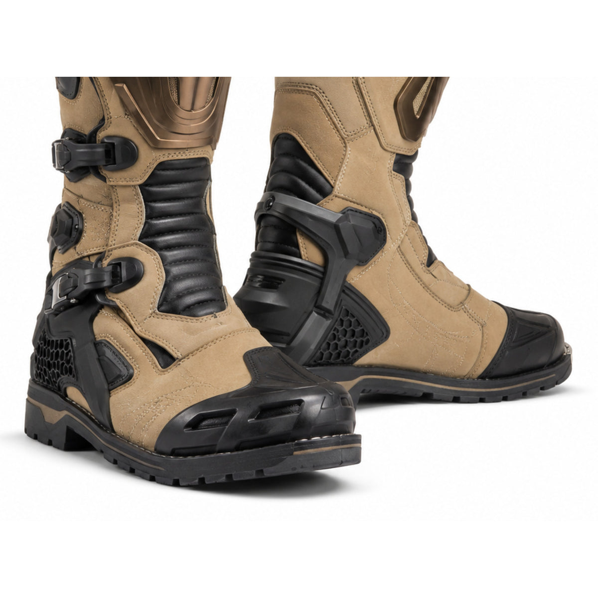 Sandstorm R Beige Racing Motorcycle Boots – toe ankle sole detail – Sand Beige / Bronze / Black