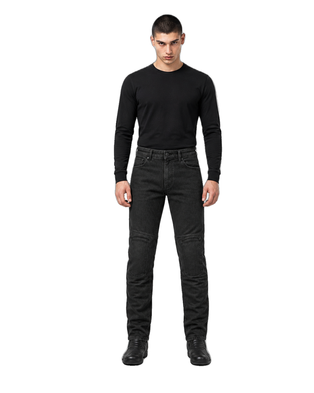 Shadowline Straight Armored Motorcycle Riding Jeans front view on male model on transparent background