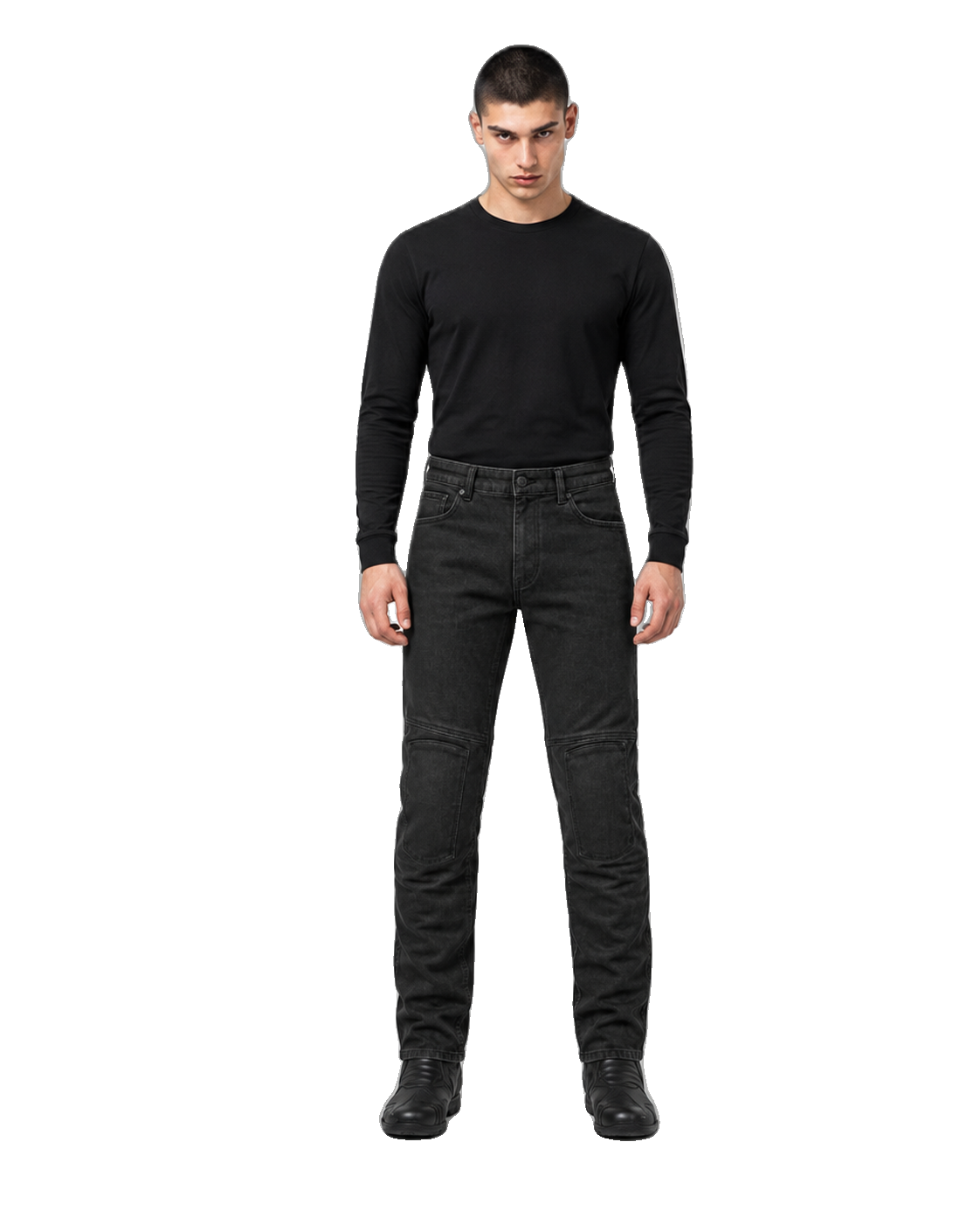Shadowline Straight Armored Motorcycle Riding Jeans front view on male model on transparent background