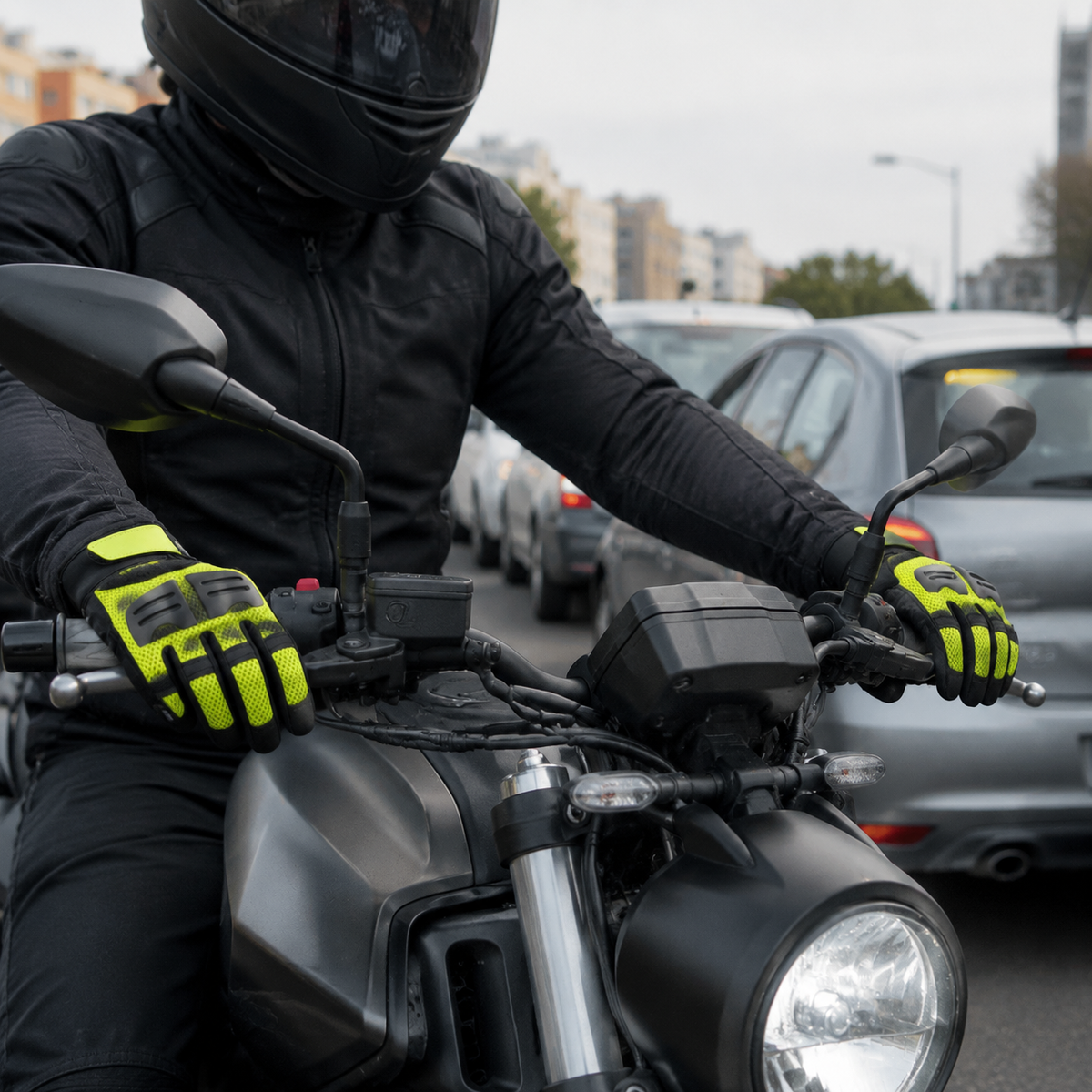 Daytime commuter wearing SignalAir high visibility motorcycle gloves