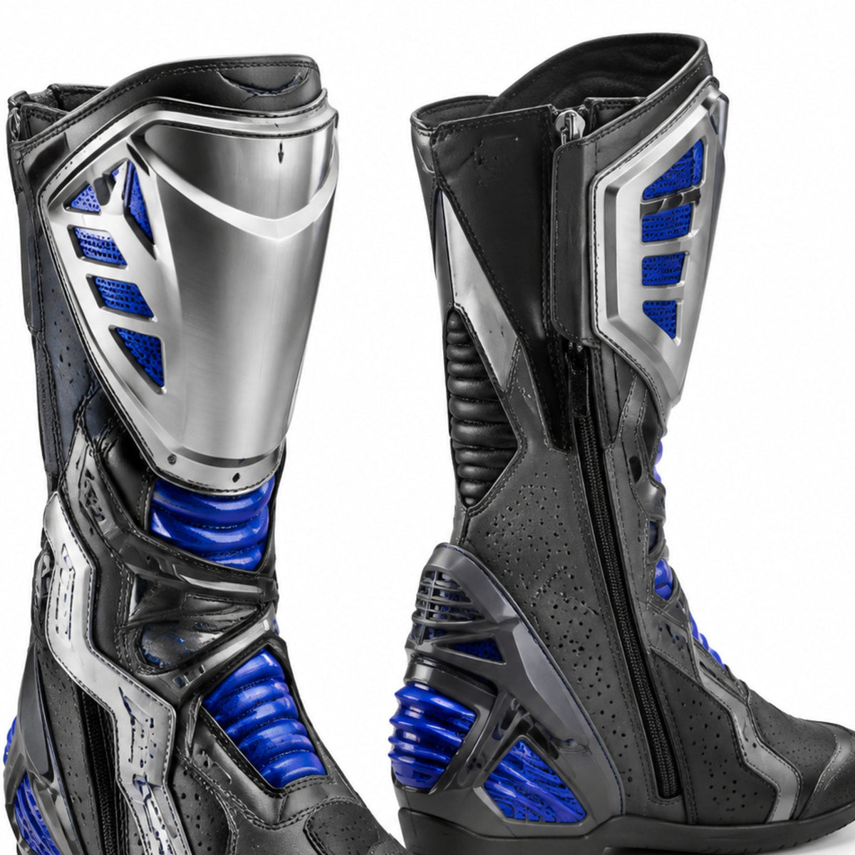 Silver Tempest Racing Motorcycle Boots – shin closure detail – Silver / Charcoal / Electric Blue