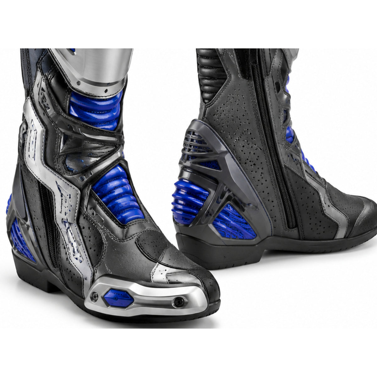 Silver Tempest Racing Motorcycle Boots – toe ankle sole detail – Silver / Charcoal / Electric Blue