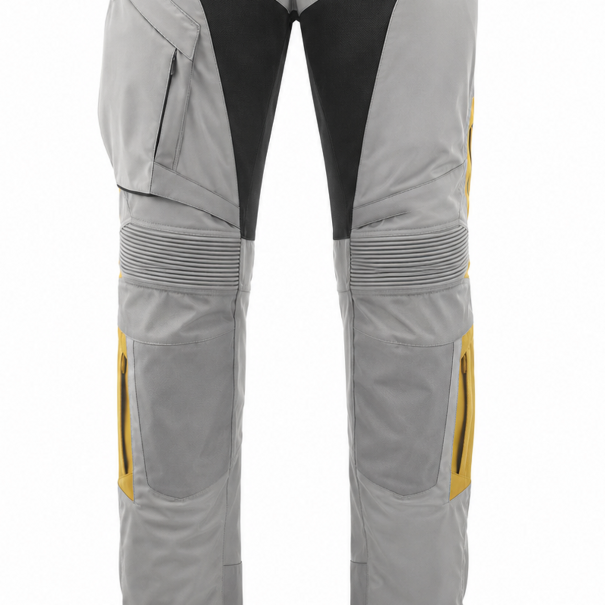 SilverPeak gray yellow waterproof textile motorcycle pants — knee, lower-leg and cuff detail