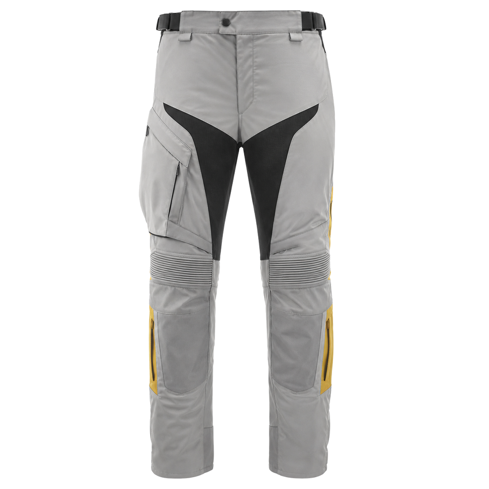 SilverPeak gray yellow waterproof textile motorcycle pants — full front catalog view