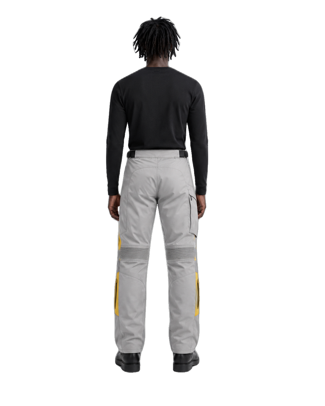 SilverPeak Gray Yellow Waterproof Textile Motorcycle Pants back view on male model on transparent background