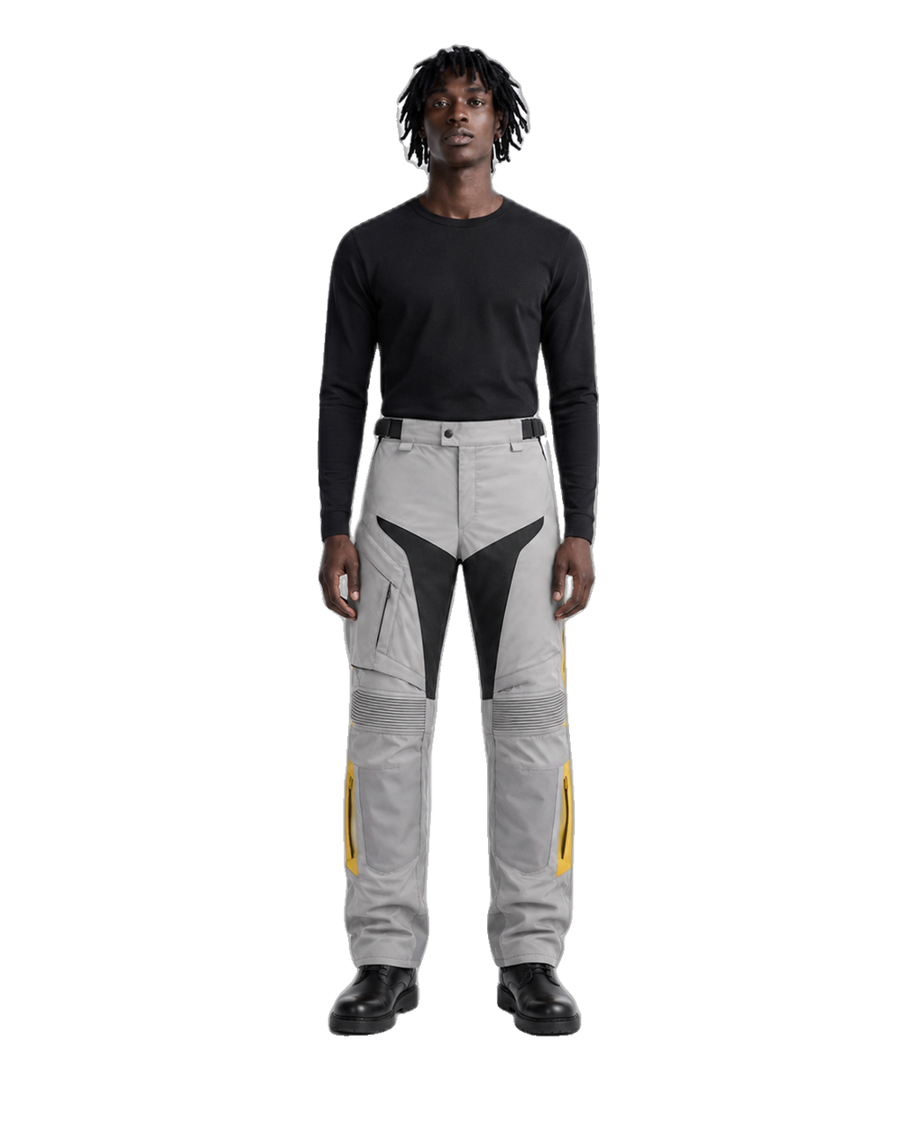SilverPeak Gray Yellow Waterproof Textile Motorcycle Pants front view on male model on transparent background
