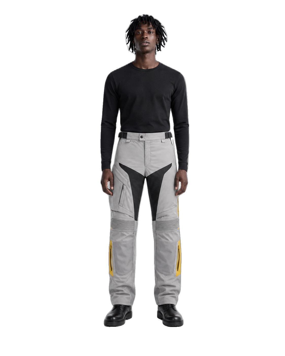SilverPeak Gray Yellow Waterproof Textile Motorcycle Pants front view on male model on transparent background