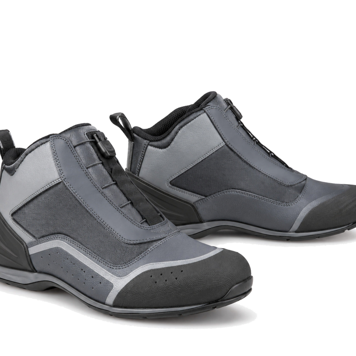 Slate Aero Low-Profile Motorcycle Riding Shoes – upper closure detail in Slate Gray / Silver