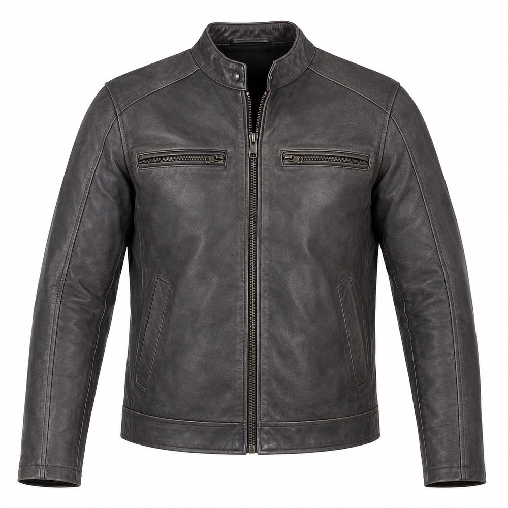 Slate Foundry Gray classic cruiser leather motorcycle jacket front hero view