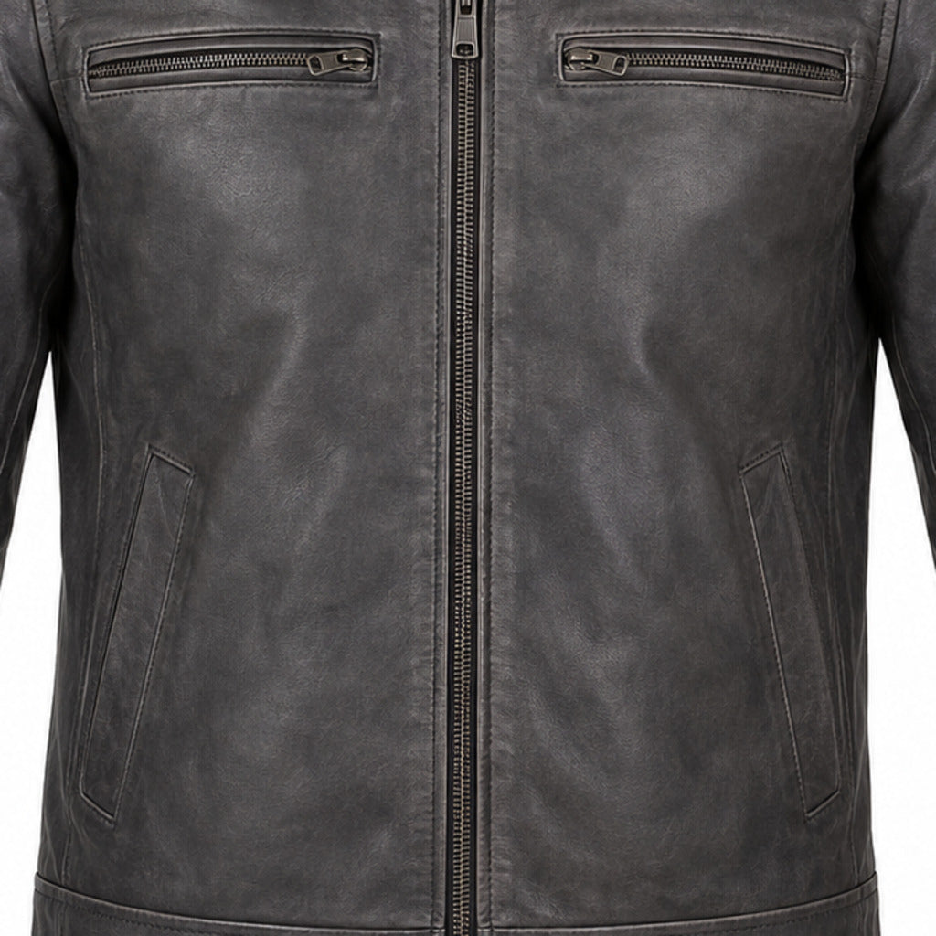 Slate Foundry Gray classic cruiser leather motorcycle jacket leather and hardware detail