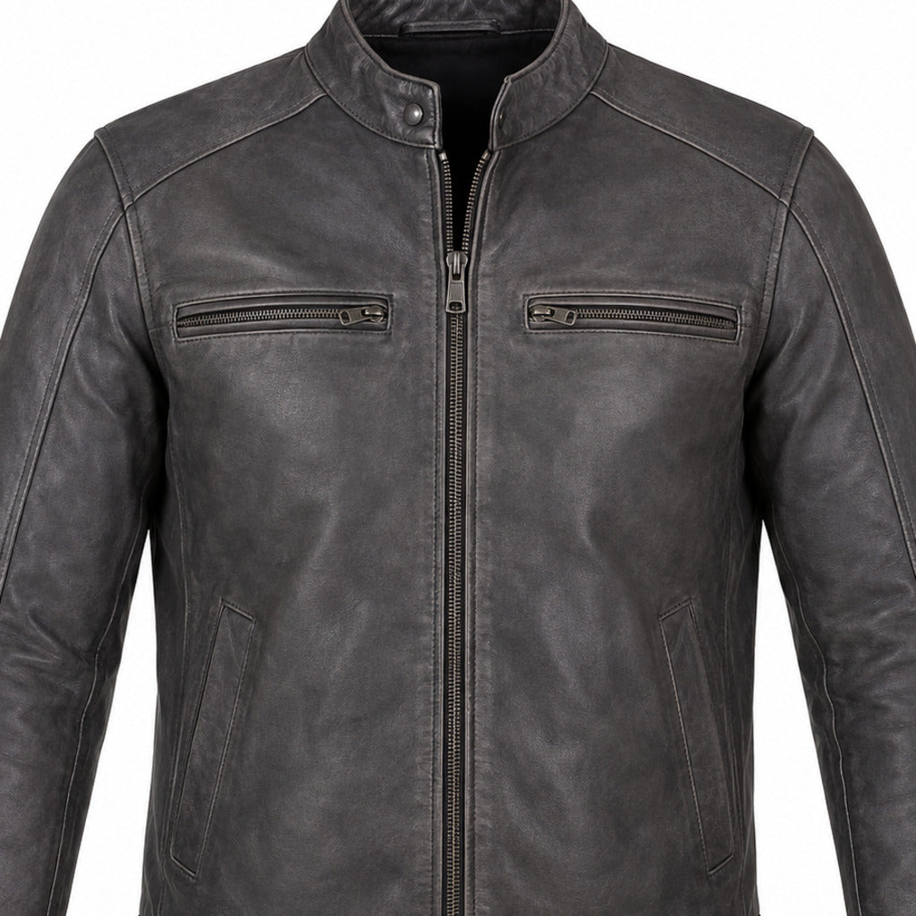 Slate Foundry Gray classic cruiser leather motorcycle jacket upper construction detail