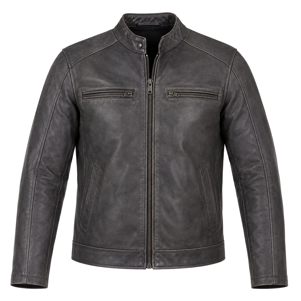 Slate Foundry Gray classic cruiser leather motorcycle jacket front hero view