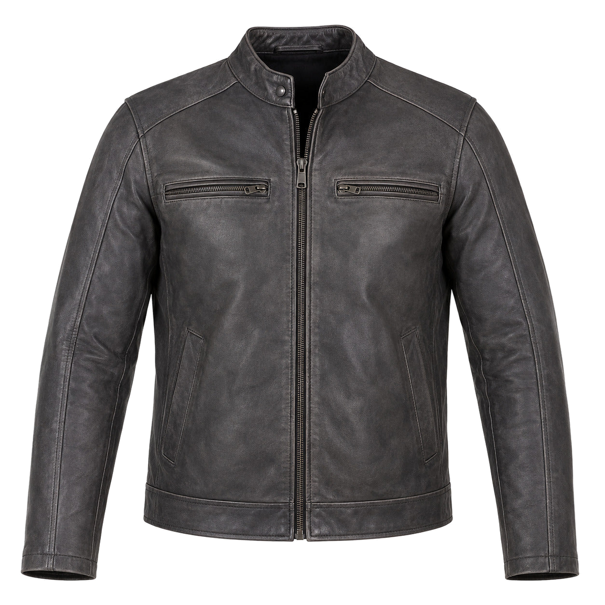 Slate Foundry Gray classic cruiser leather motorcycle jacket front hero view