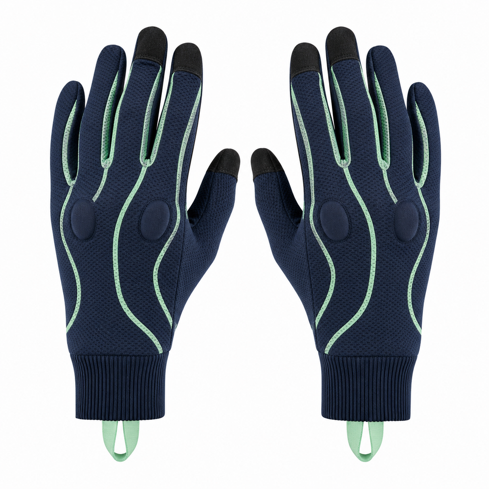 Stretch mesh motorcycle gloves in navy and mint, pair on white background