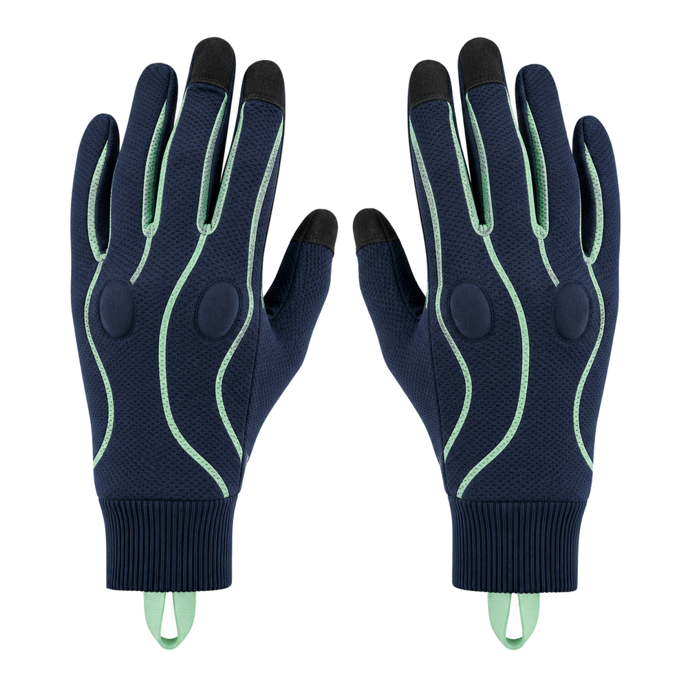 Stretch mesh motorcycle gloves in navy and mint, pair on white background