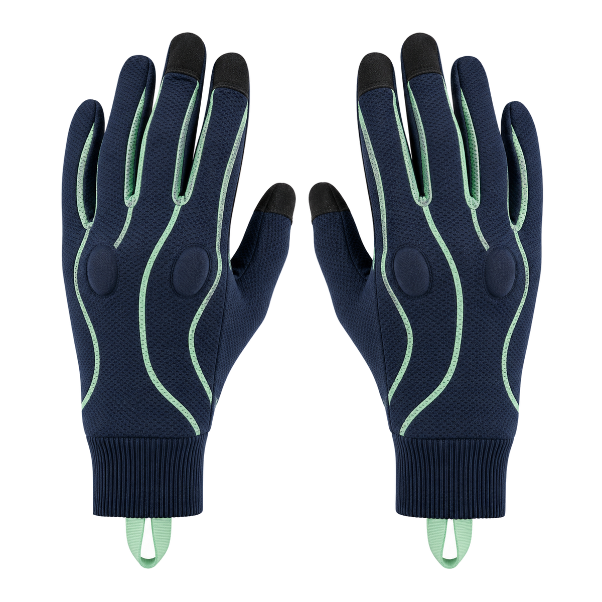 Stretch mesh motorcycle gloves in navy and mint, pair on white background
