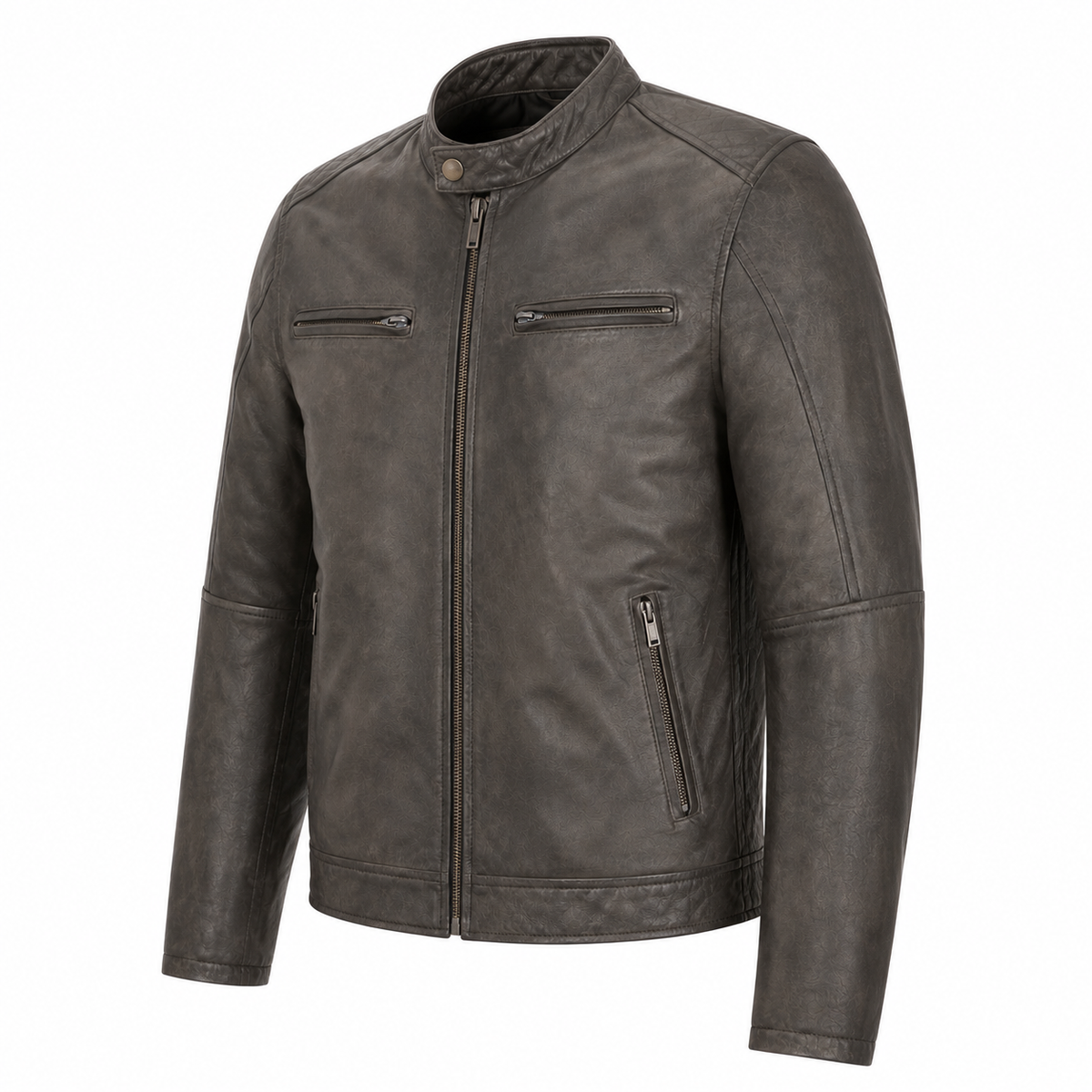 Smoke Ledger Distressed Gray Leather Street Jacket three-quarter leather detail view