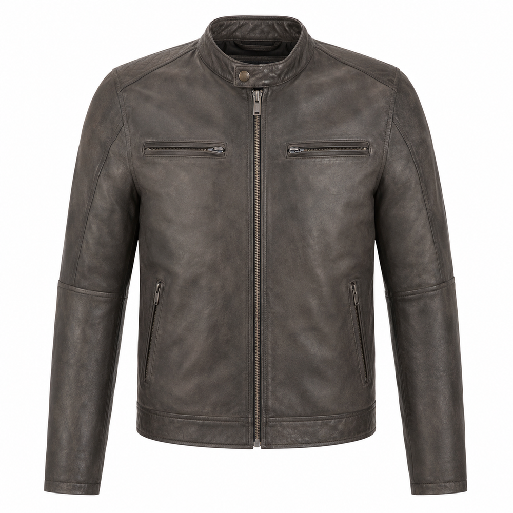 distressed gray leather street jacket – Smoke Ledger Distressed Gray Leather Street Jacket front view
