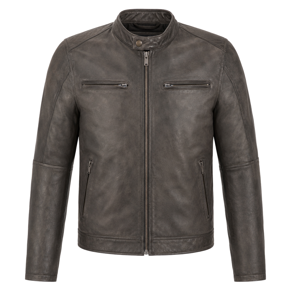 distressed gray leather street jacket – Smoke Ledger Distressed Gray Leather Street Jacket front view