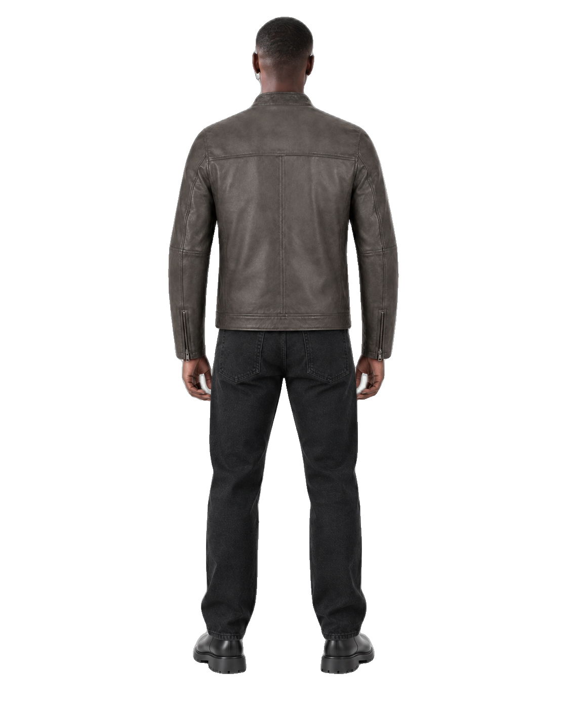 Smoke Ledger Distressed Gray Leather Street Jacket back view on male model with transparent background