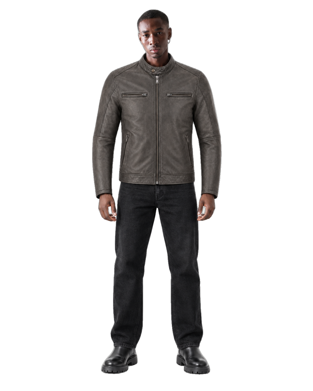 Smoke Ledger Distressed Gray Leather Street Jacket front view on male model with transparent background