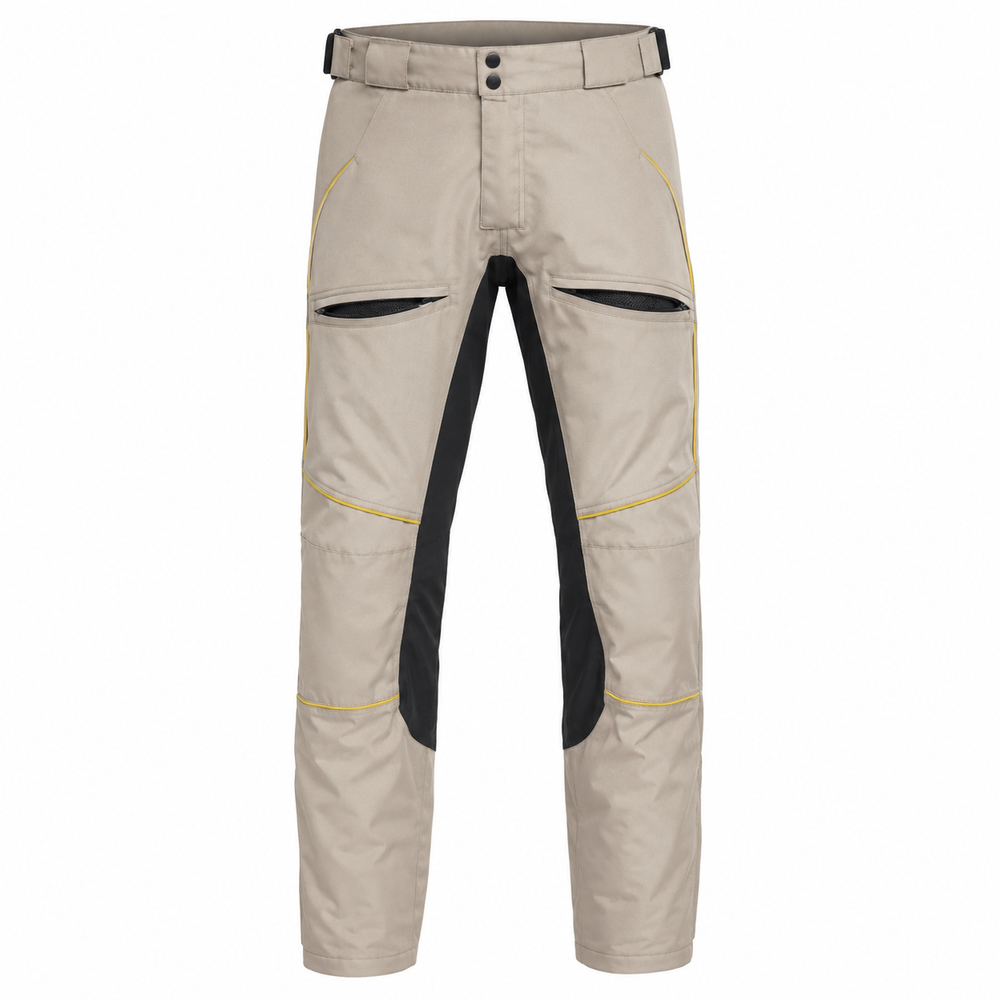 SolarRoute stone yellow waterproof textile motorcycle pants — full front catalog view