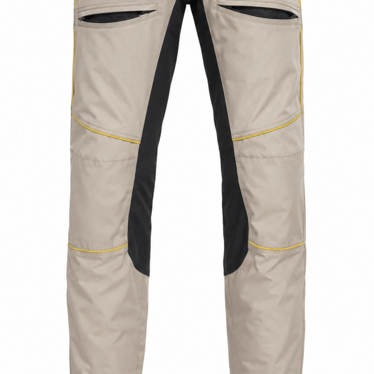 SolarRoute stone yellow waterproof textile motorcycle pants — knee, lower-leg and cuff detail