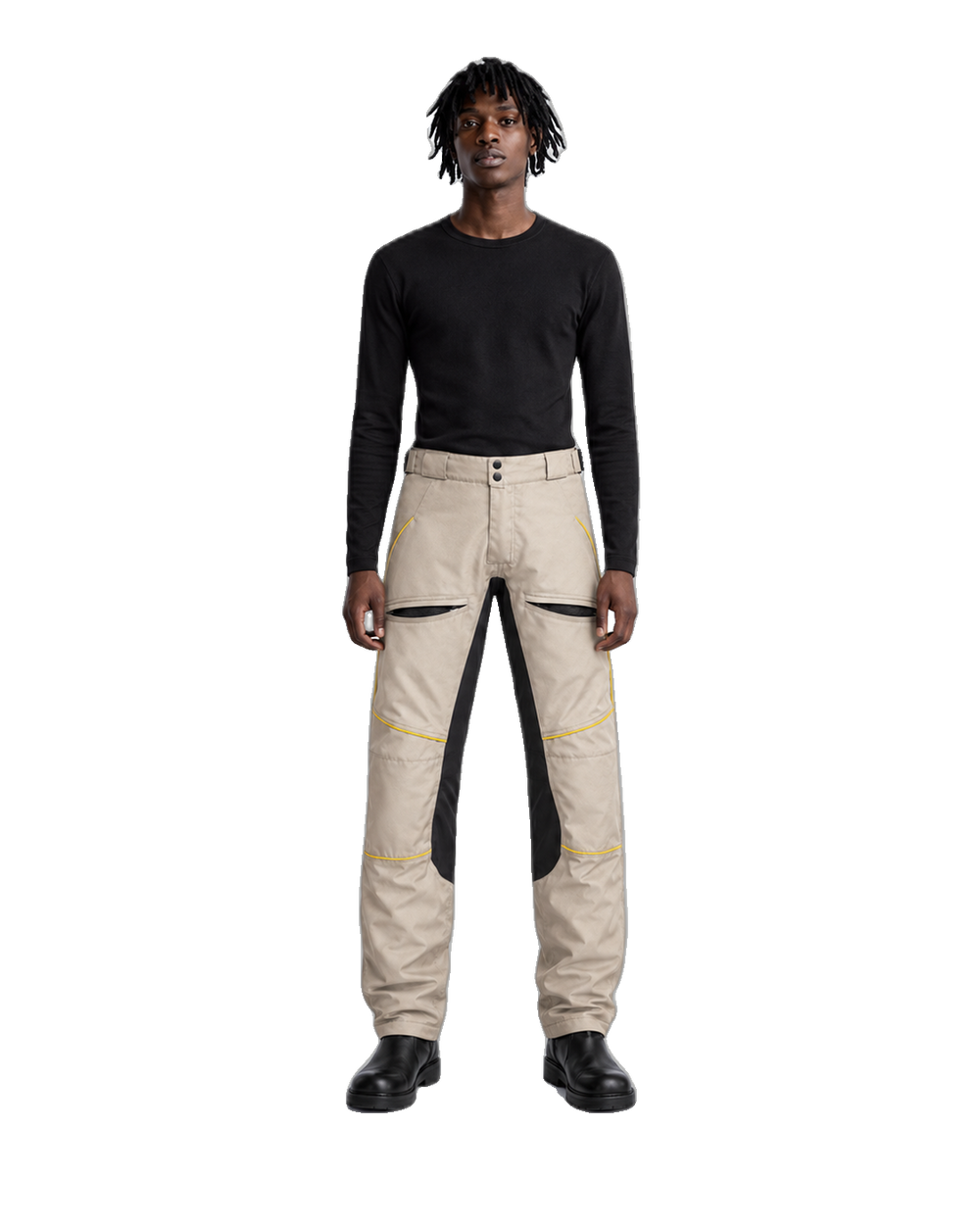 SolarRoute Stone Yellow Waterproof Textile Motorcycle Pants front view on male model on transparent background