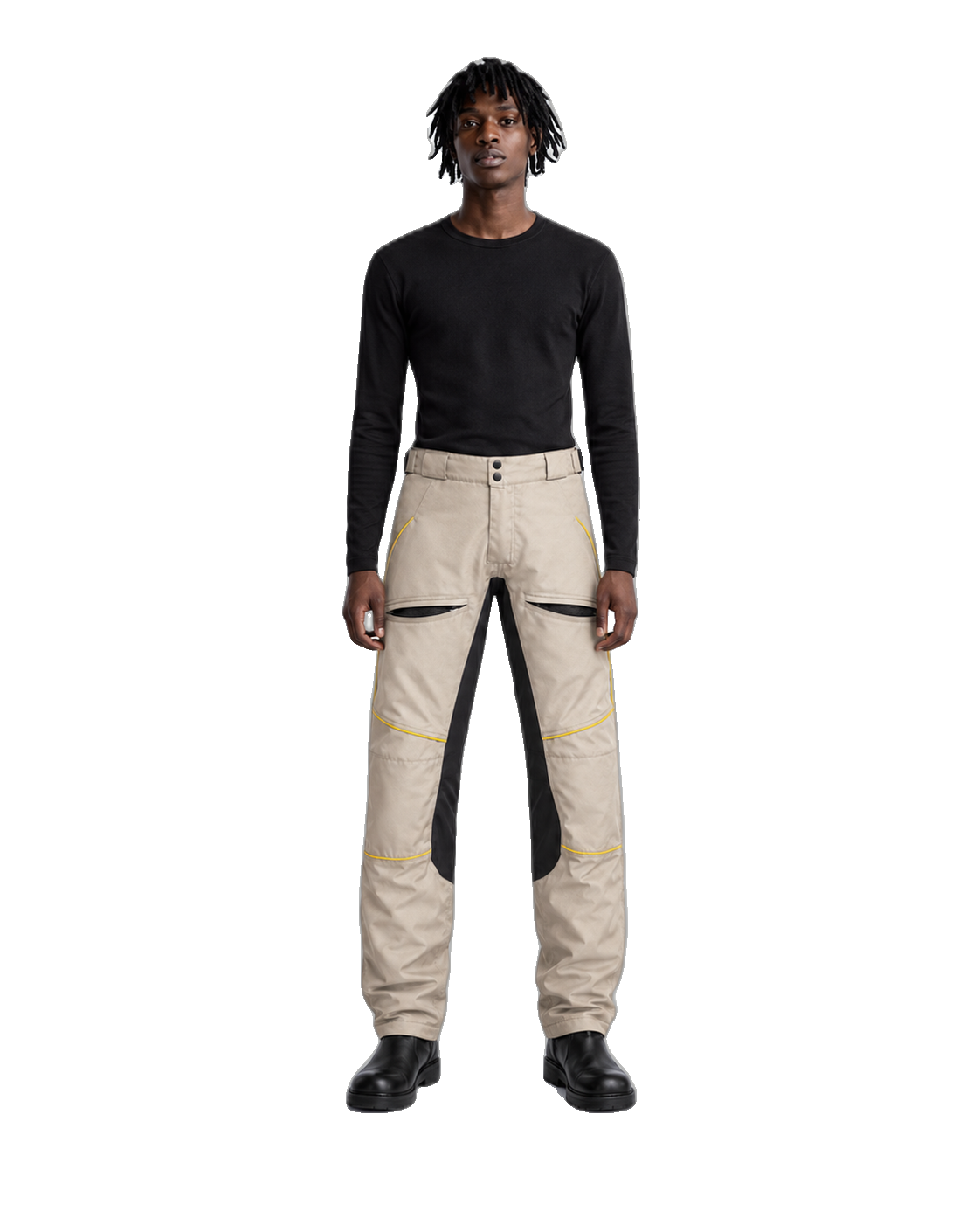 SolarRoute Stone Yellow Waterproof Textile Motorcycle Pants front view on male model on transparent background