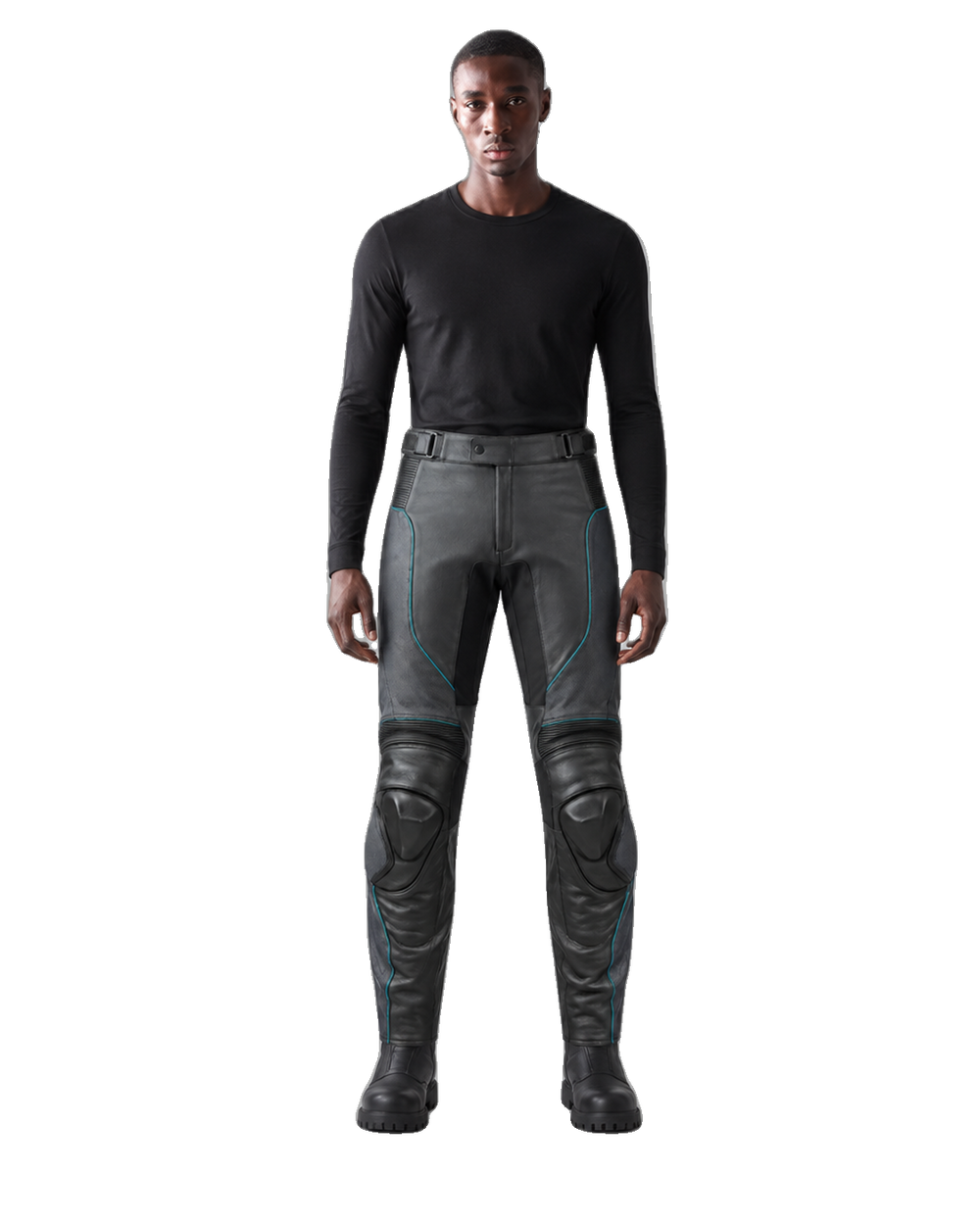 SolarRush Leather Motorcycle Racing Pants front view on male model transparent background
