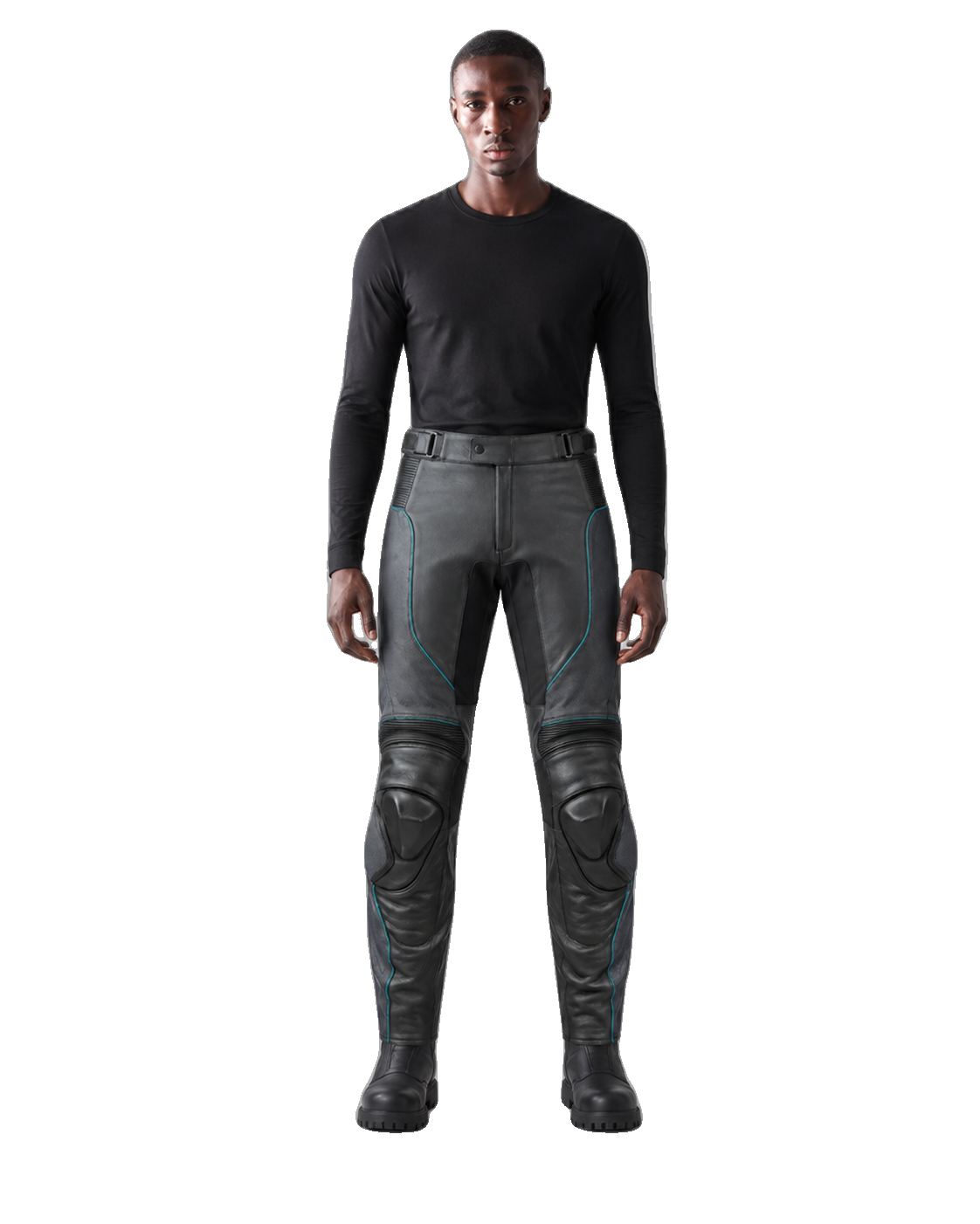 SolarRush Leather Motorcycle Racing Pants front view on male model transparent background