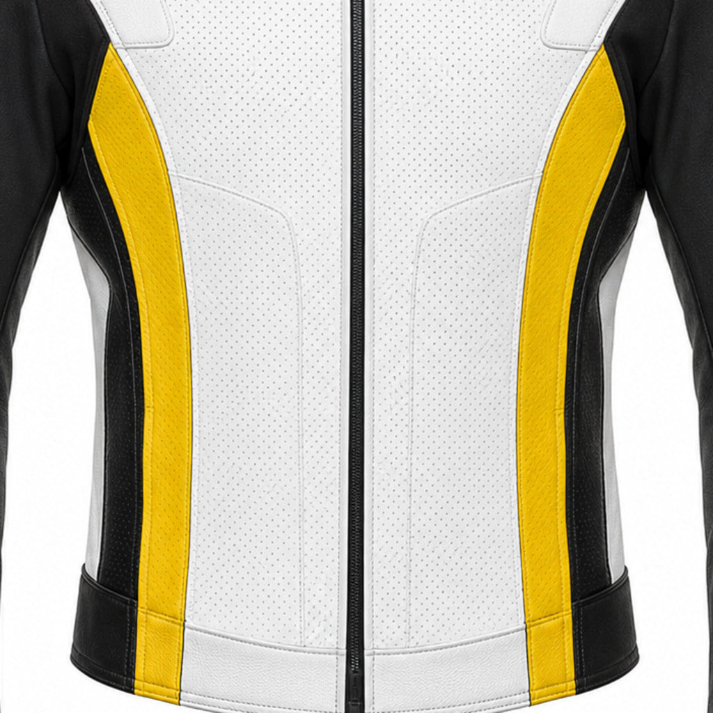 SolarRush R Leather Motorcycle Racing Jacket leather panels stitching and hardware detail